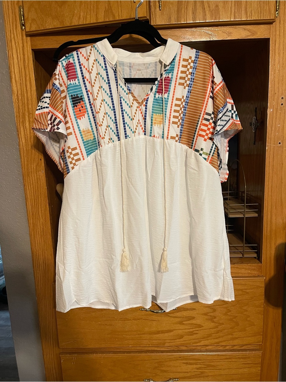 SHEIN White Tunic with Multicolor Geometric Embroidery
